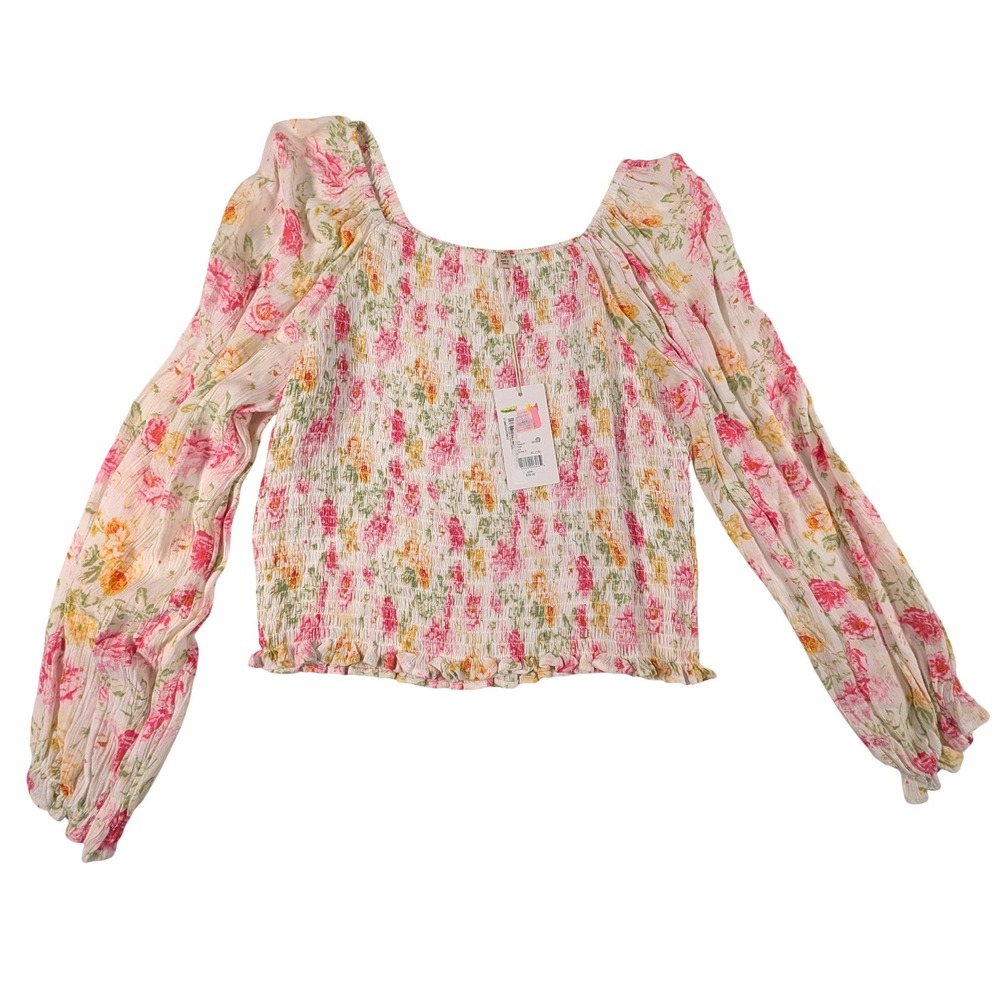 C & V Girls Floral Smocked Peasant Tops Lot of 3 Pink Blue Cream Boho Size XL - Picture 2 of 16